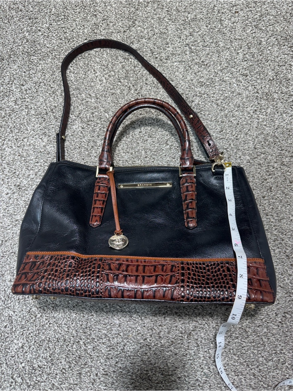 Brahmin Black Leather Satchel Shoulder Bag Brown Croc Embossed Trim Purse - Picture 15 of 16